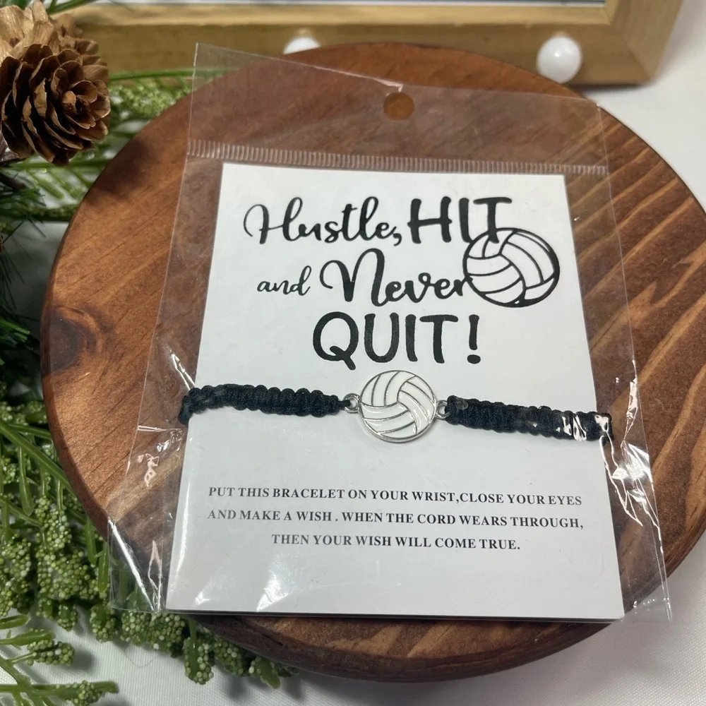Volleyball Wish Bracelet – Hustle Hit Never Quit – Black Cord Adjustable Team